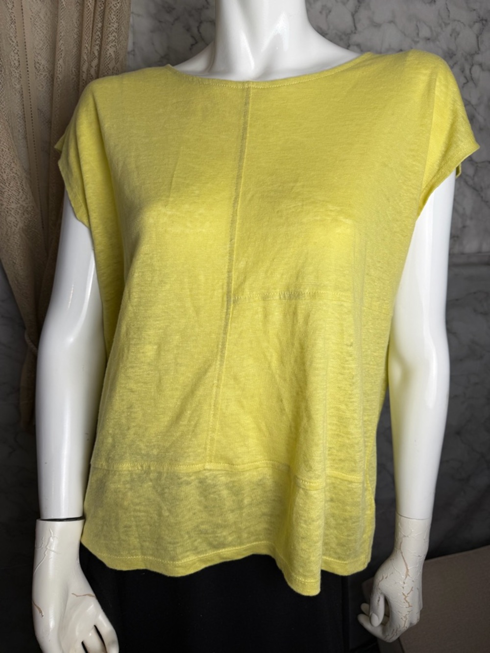 100% Linen Top Chartreuse Yellow Blouse Cap Sleeve Lightweight M Summer Boxy - Picture 5 of 10